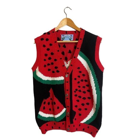 Vintage RARE Just Better Sweaters by Lisa Coufal Hand Knit Watermelon Vest Large - Picture 3 of 16